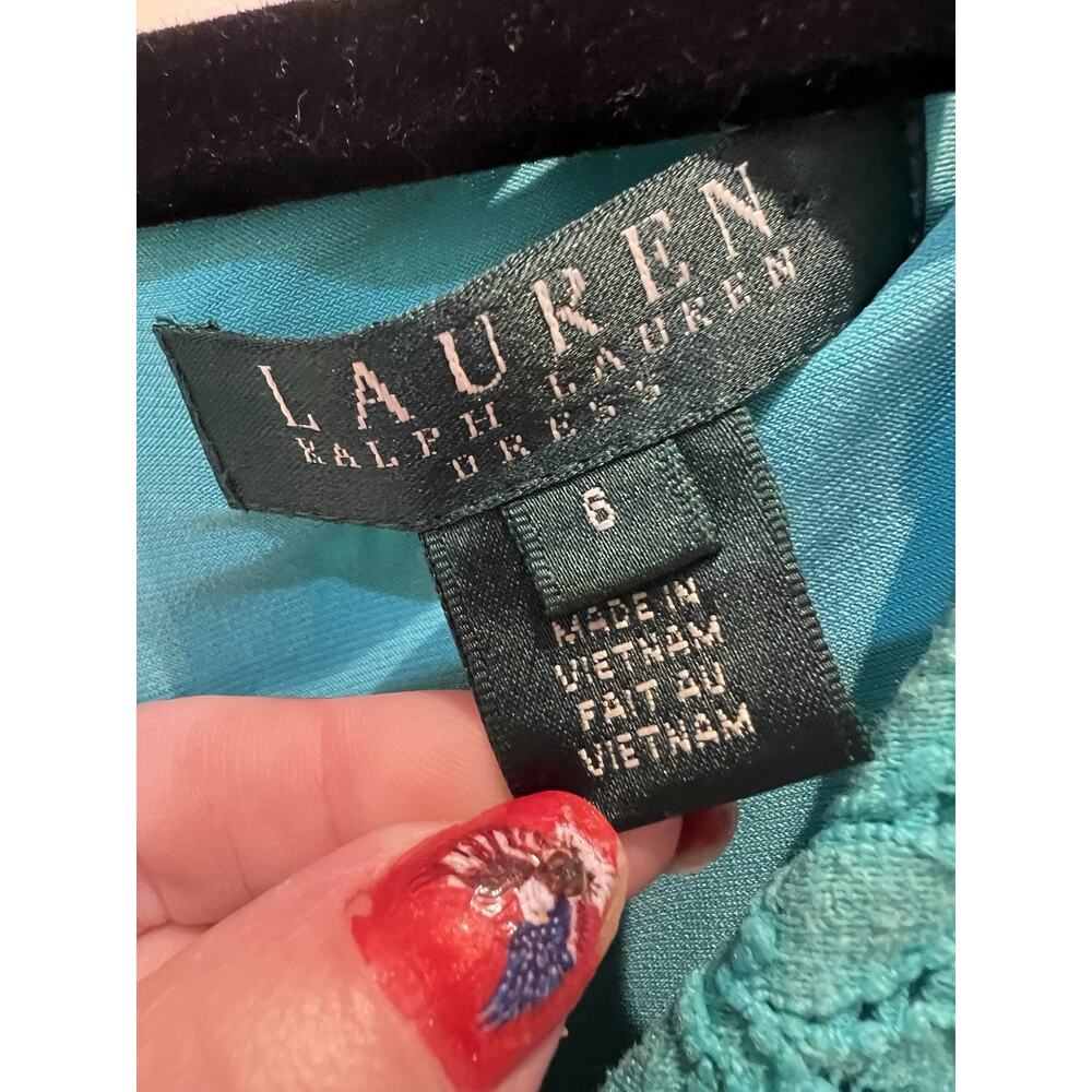 Lauren Ralph Lauren Sheath Dress Size 6 Sleeveless Lace Over Dress Turquoise - Picture 4 of 15